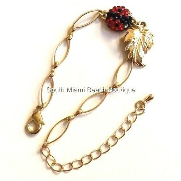 Ladybug Charm Bracelet Red Crystals Gold Plated Insect Lady Bug Leaves 6-8" - Picture 3 of 8